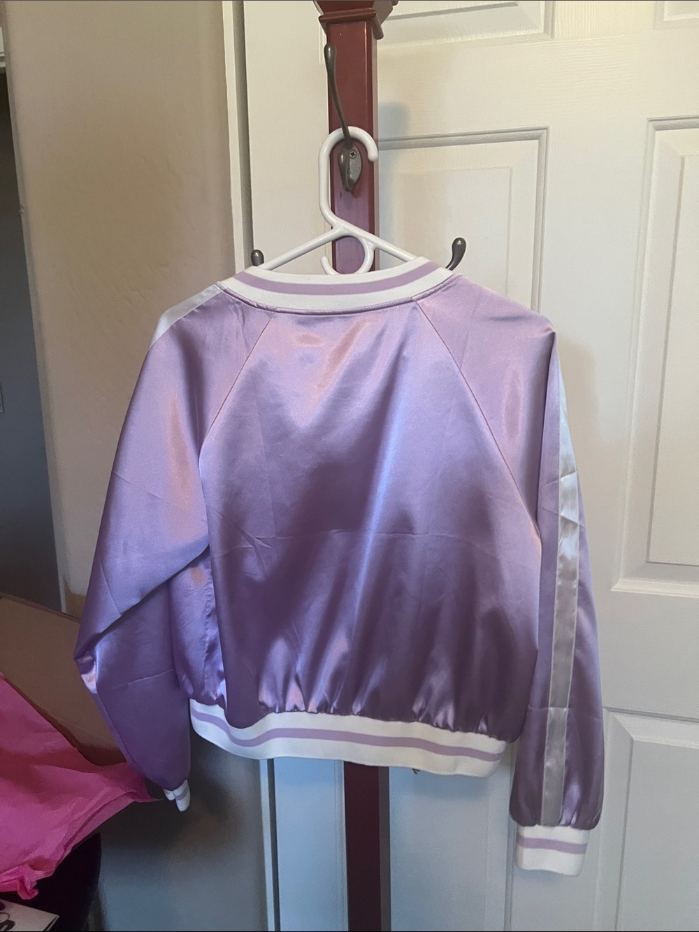 zeagoo Lavender Satin Bomber Jacket with White Trim - Picture 3 of 3